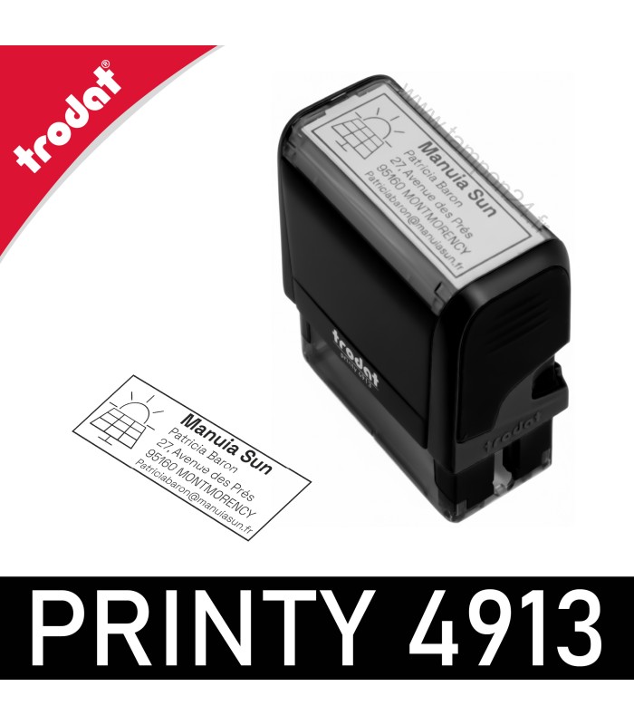 Timbre Trodat Printy 4913 vu du dessus avec impression sur une feuille de papier
