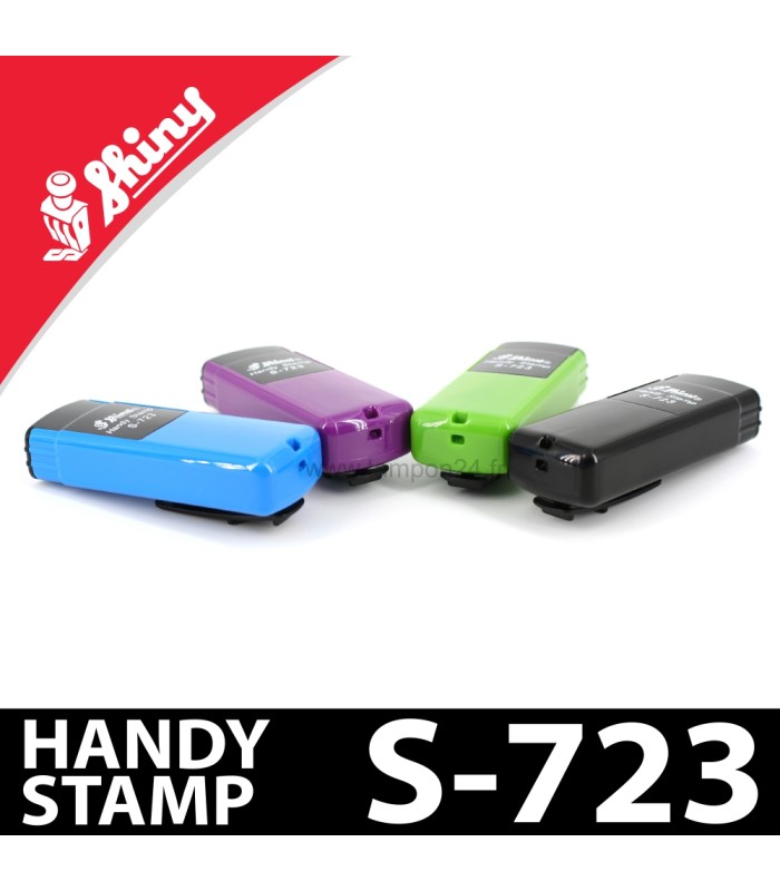 Tampon de poche Shiny Handy Stamp S-723 disponible en noir, bleu, violet et vert