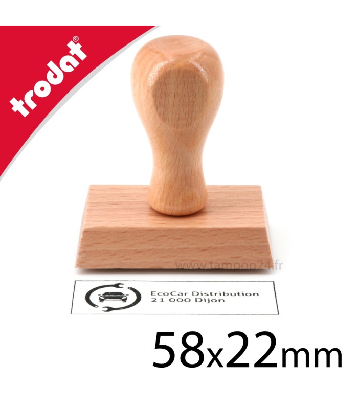 Timbre en bois texte et logo de 58x22mm