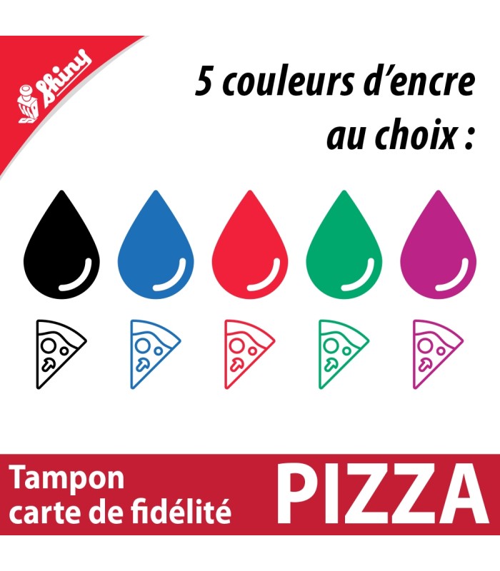 Tampon motif pizza en 5 couleurs d'encre : noir, bleu, rouge, vert, violet