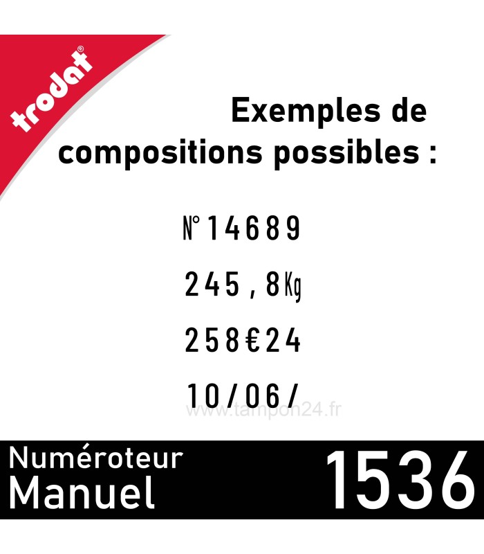 Exemples de compositions possibles avec le numéroteur manuel 6 bandes Trodat 1536
