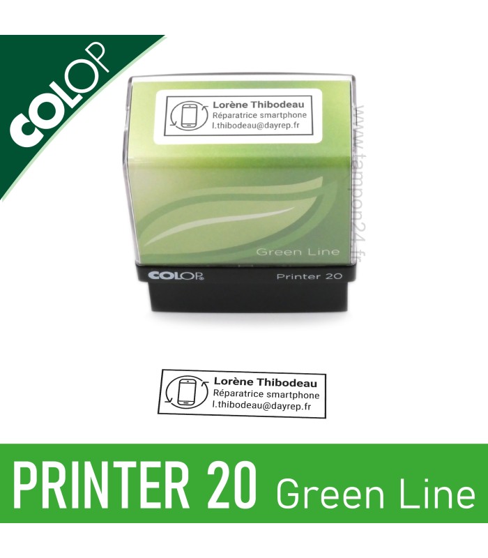 Vue du dessus du Colop Printer 20 Green Line et impression sur papier blanc